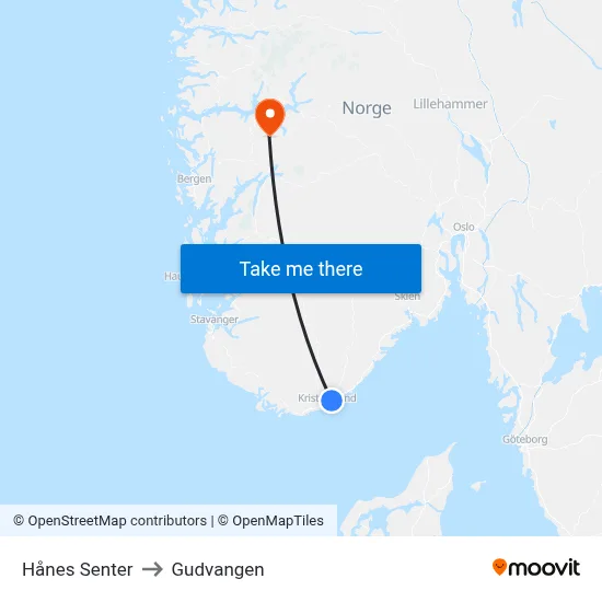 Hånes Senter to Gudvangen map