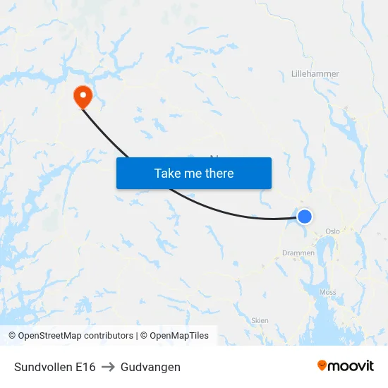 Sundvollen E16 to Gudvangen map