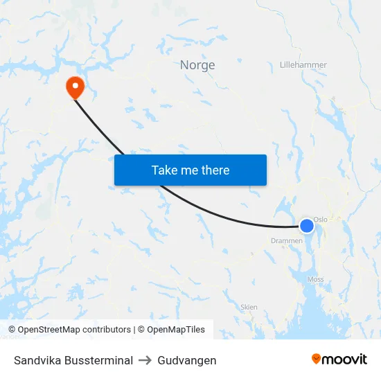 Sandvika Bussterminal to Gudvangen map