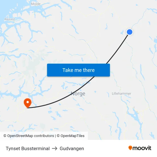 Tynset Bussterminal to Gudvangen map