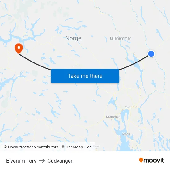Elverum Torv to Gudvangen map