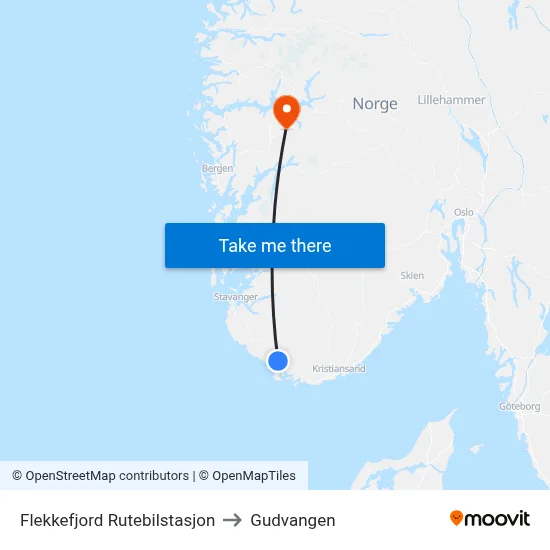 Flekkefjord Rutebilstasjon to Gudvangen map