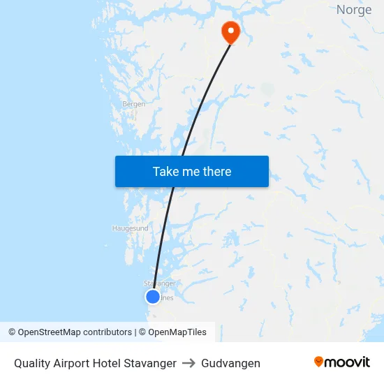 Quality Airport Hotel Stavanger to Gudvangen map