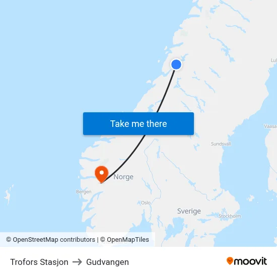 Trofors Stasjon to Gudvangen map