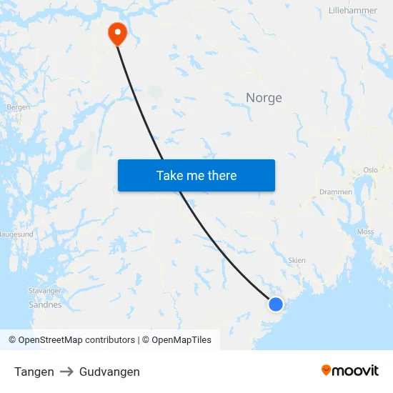 Tangen to Gudvangen map