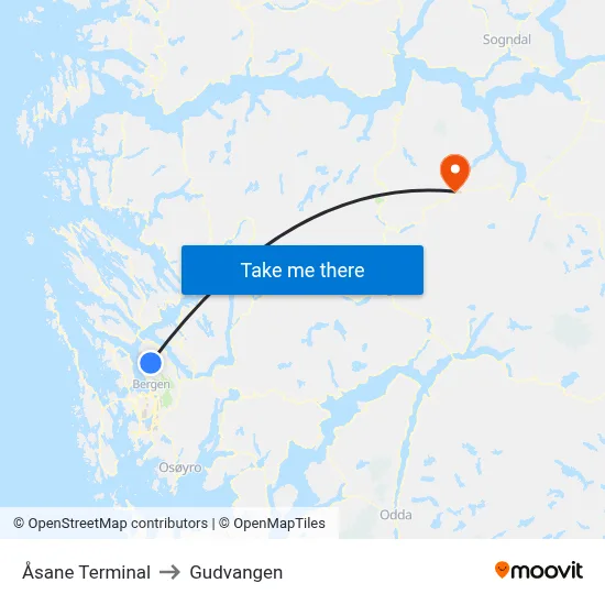 Åsane Terminal to Gudvangen map