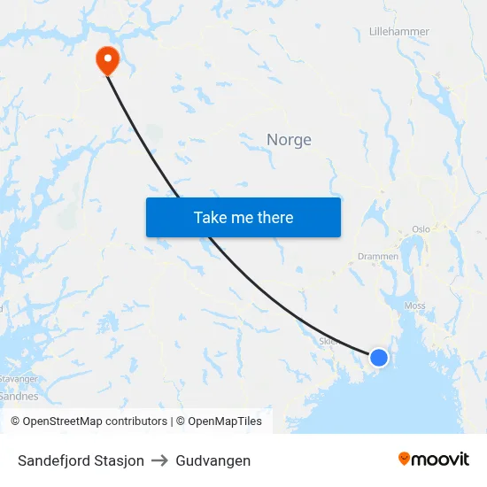 Sandefjord Stasjon to Gudvangen map