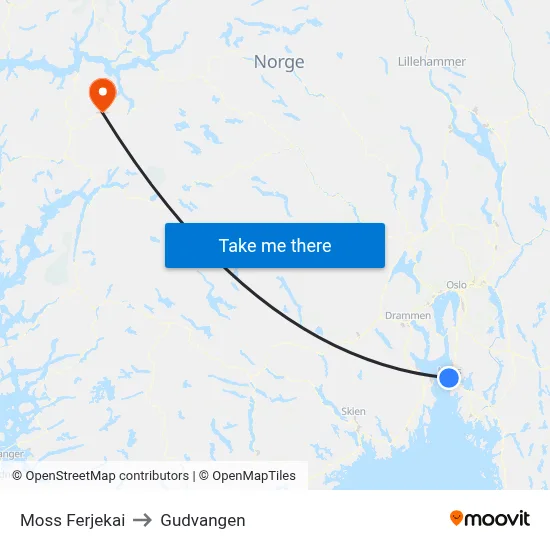 Moss Ferjekai to Gudvangen map