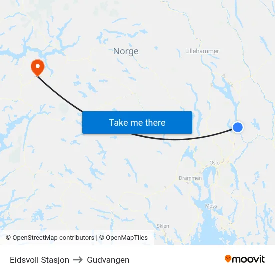 Eidsvoll Stasjon to Gudvangen map