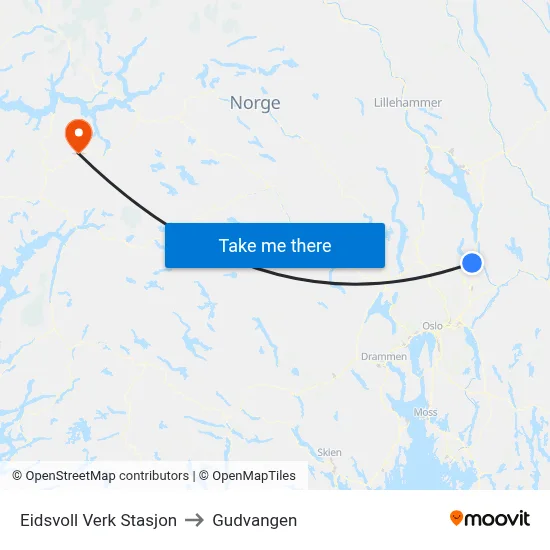 Eidsvoll Verk Stasjon to Gudvangen map