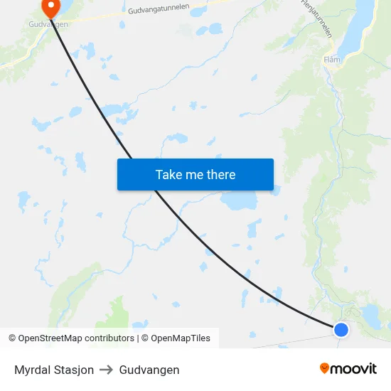 Myrdal Stasjon to Gudvangen map