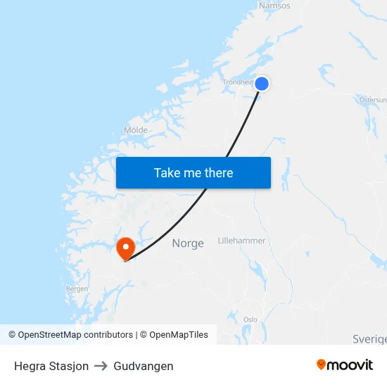 Hegra Stasjon to Gudvangen map