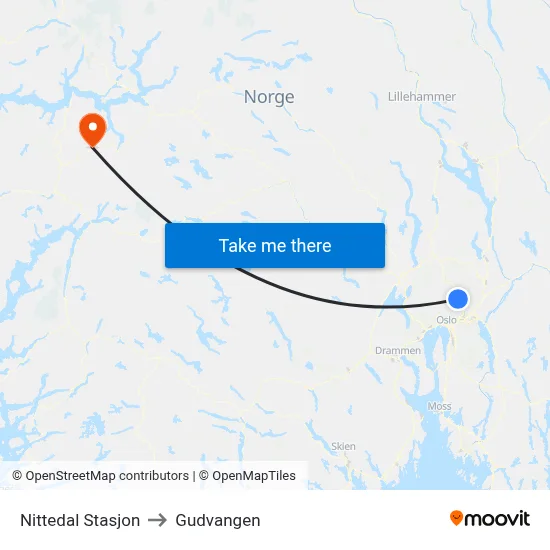 Nittedal Stasjon to Gudvangen map