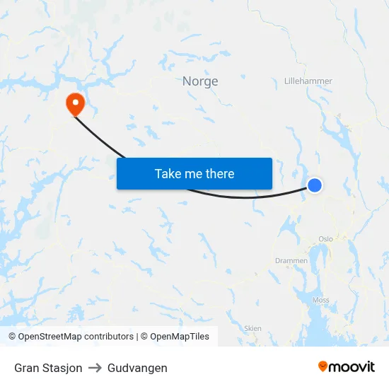 Gran Stasjon to Gudvangen map