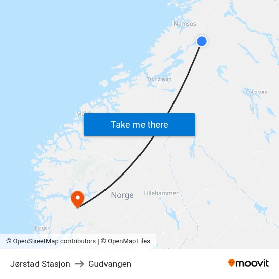 Jørstad Stasjon to Gudvangen map