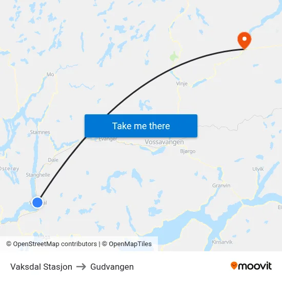 Vaksdal Stasjon to Gudvangen map