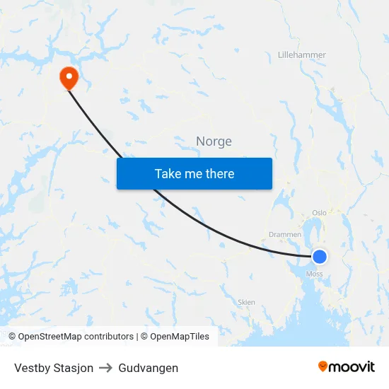 Vestby Stasjon to Gudvangen map