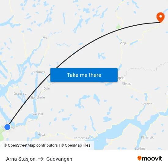 Arna Stasjon to Gudvangen map