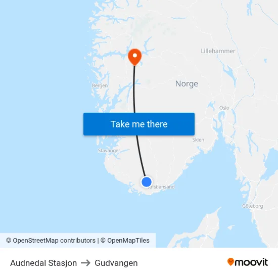 Audnedal Stasjon to Gudvangen map