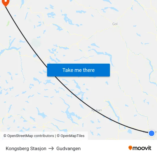 Kongsberg Stasjon to Gudvangen map
