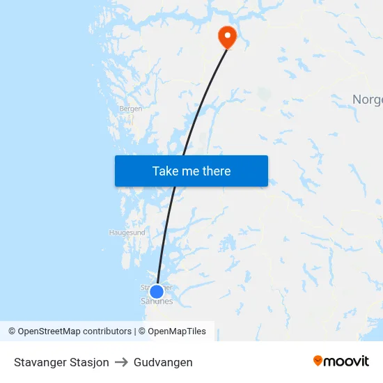 Stavanger Stasjon to Gudvangen map