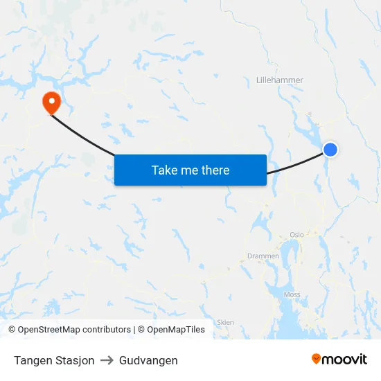 Tangen Stasjon to Gudvangen map