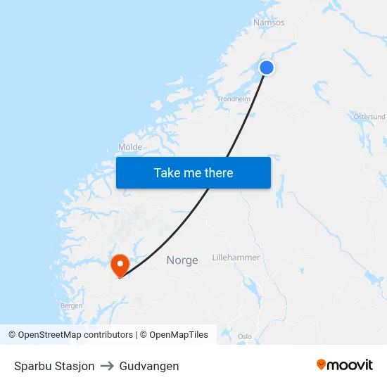 Sparbu Stasjon to Gudvangen map