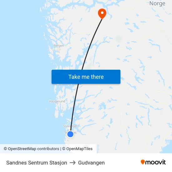 Sandnes Sentrum Stasjon to Gudvangen map