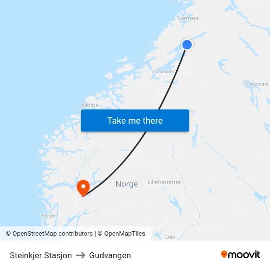 Steinkjer Stasjon to Gudvangen map