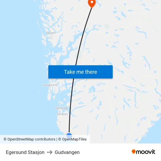 Egersund Stasjon to Gudvangen map