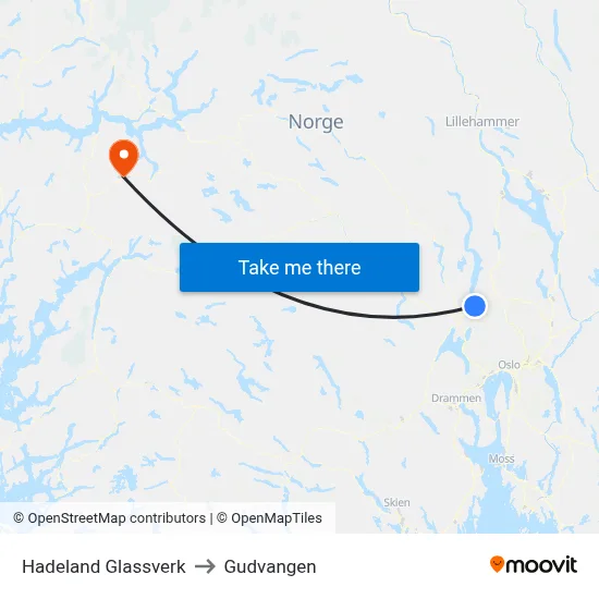 Hadeland Glassverk to Gudvangen map