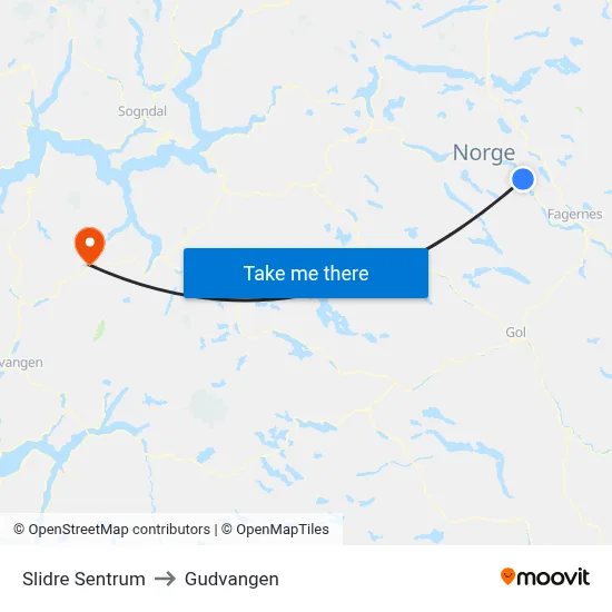 Slidre Sentrum to Gudvangen map