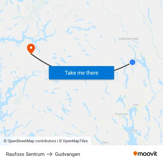 Raufoss Sentrum to Gudvangen map
