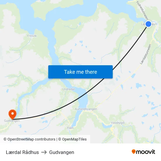 Lærdal Rådhus to Gudvangen map