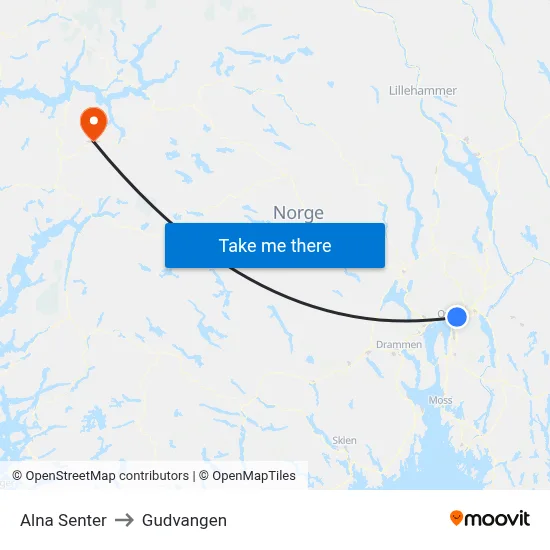 Alna Senter to Gudvangen map