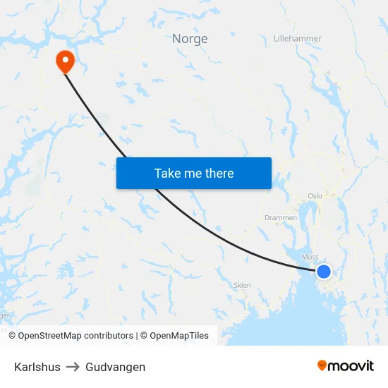 Karlshus to Gudvangen map