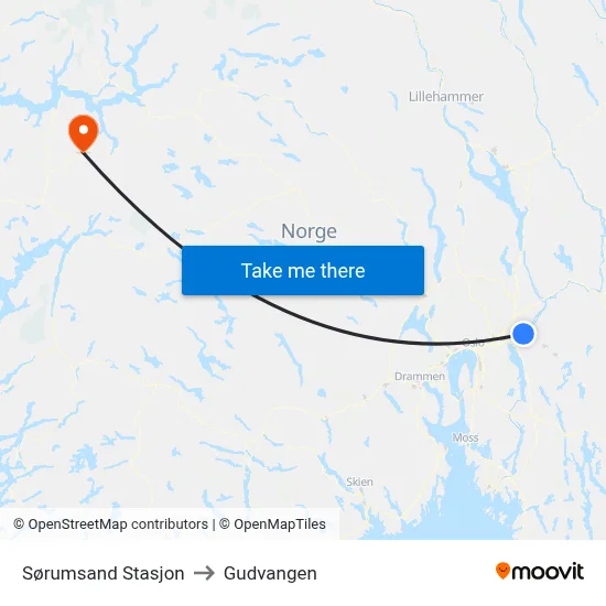 Sørumsand Stasjon to Gudvangen map