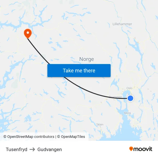 Tusenfryd to Gudvangen map
