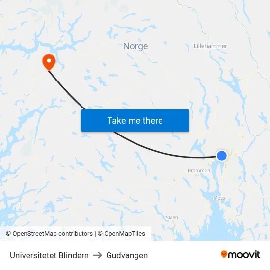 Universitetet Blindern to Gudvangen map