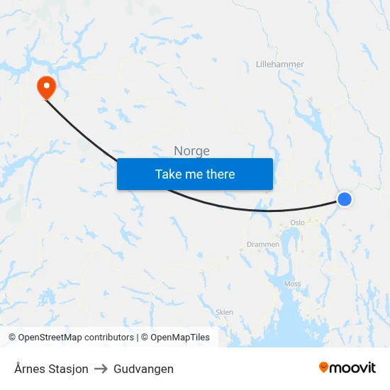 Årnes Stasjon to Gudvangen map
