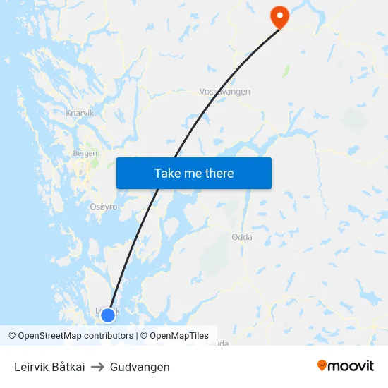 Leirvik Båtkai to Gudvangen map