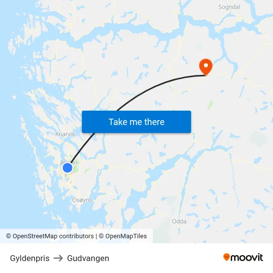 Gyldenpris to Gudvangen map