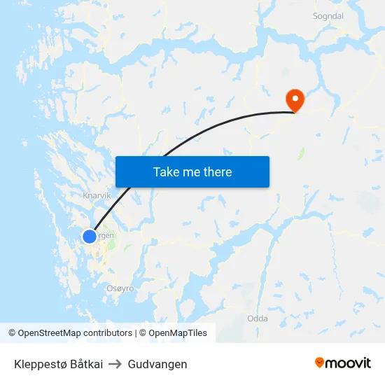 Kleppestø Båtkai to Gudvangen map