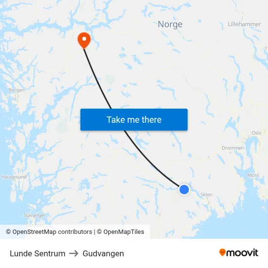 Lunde Sentrum to Gudvangen map