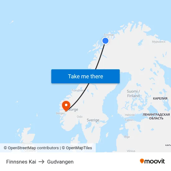 Finnsnes Kai to Gudvangen map