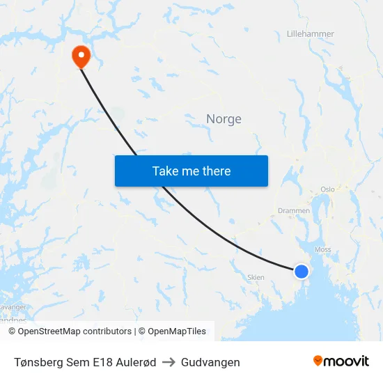 Tønsberg Sem E18 Aulerød to Gudvangen map