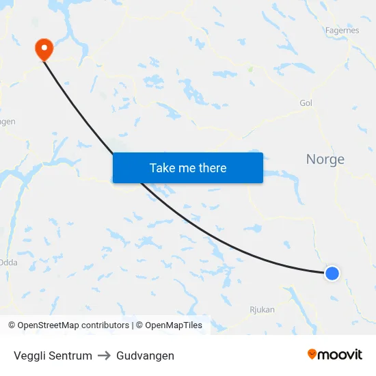 Veggli Sentrum to Gudvangen map