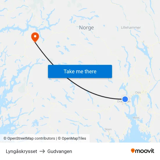 Lyngåskrysset to Gudvangen map