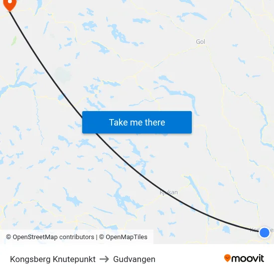 Kongsberg Knutepunkt to Gudvangen map
