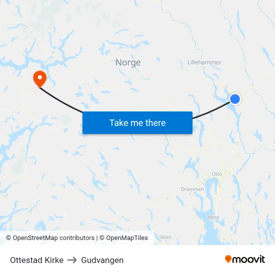 Ottestad Kirke to Gudvangen map